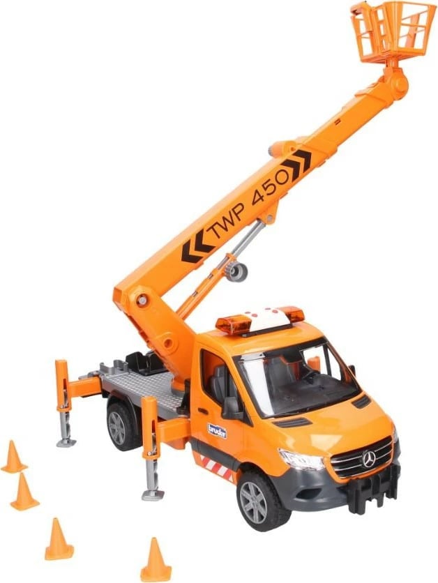 Lodër kamion me platformë ajrore, BRUDER Mercedes-Benz Sprinter BR-02679, shkallë 1:16, krah ngritës 70 cm, modul dritë-tingull, portokalli