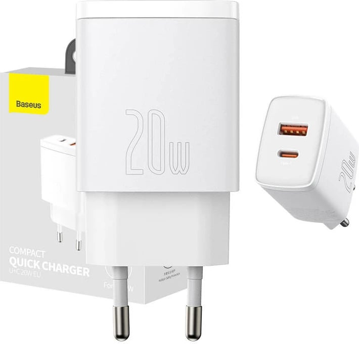 Karikues i shpejtë Baseus Compact, 20W, 2 porta USB-A/USB-C, i bardhë