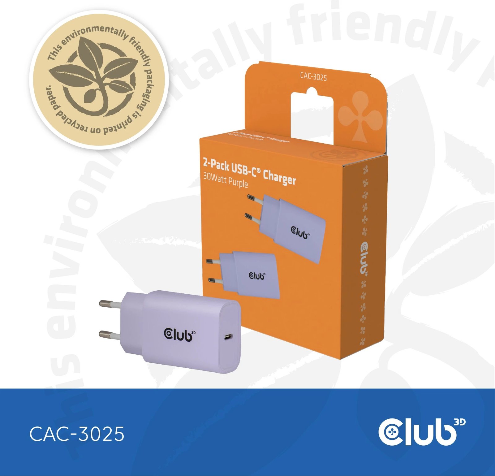 Karikues USB-C Club3D CAC-3025 30W, 2 copë, lila
