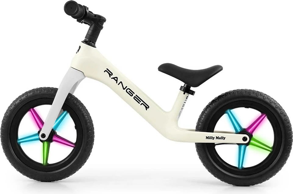 Bicikletë balancuese fëmijësh, Milly Mally Ranger Flash, rrota 12" EVA pa fryrje, kornizë kompozite e lehtë, sedile e rregullueshme, e bardhë