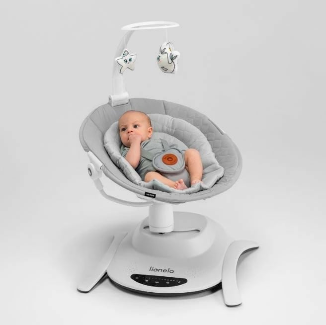 Djep lëkundës Lionelo Bella Set, 2-në-1, me muzikë, jastëk dhe lodra, Gri