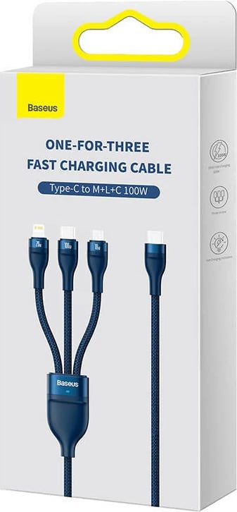Kabllo 3-në-1 Baseus Flash Series 2, 1.5m, 100W, USB-C + micro USB + Lightning, blu Kabllo 3-në-1 Baseus Flash Series 2, 1.5m, 100W, USB-C + micro USB + Lightning, blu