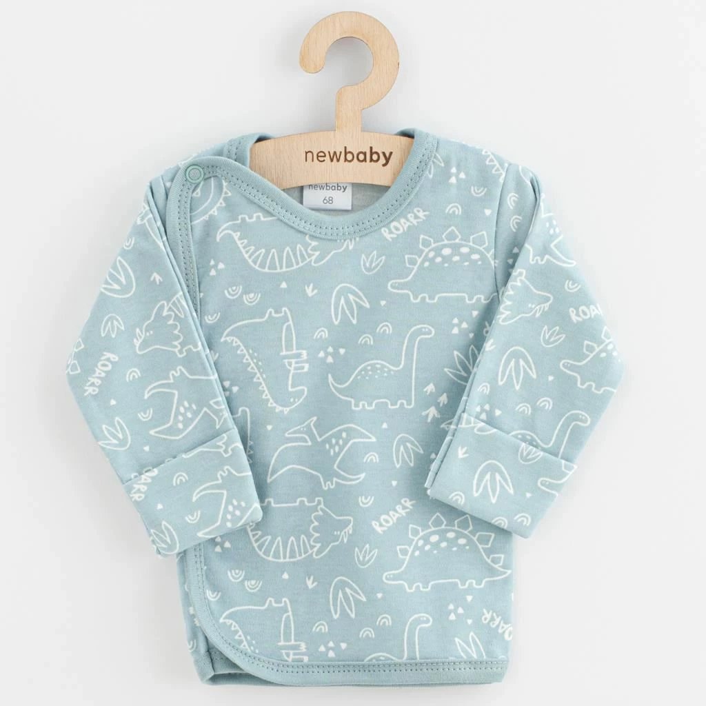 body bebe, New Baby, Classic II, 100% pambuk, mëngë të gjata me mbështjellëse, kopsa në shpatull dhe anë, me print dinosaurus, madhësia 68 (4-6m), mint e gjelbër