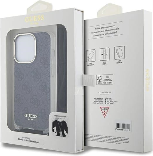 Mbështjellës Guess Crossbody Cord 4G Print për iPhone 15 Pro, zi Mbështjellës Guess Crossbody Cord 4G Print për iPhone 15 Pro, zi