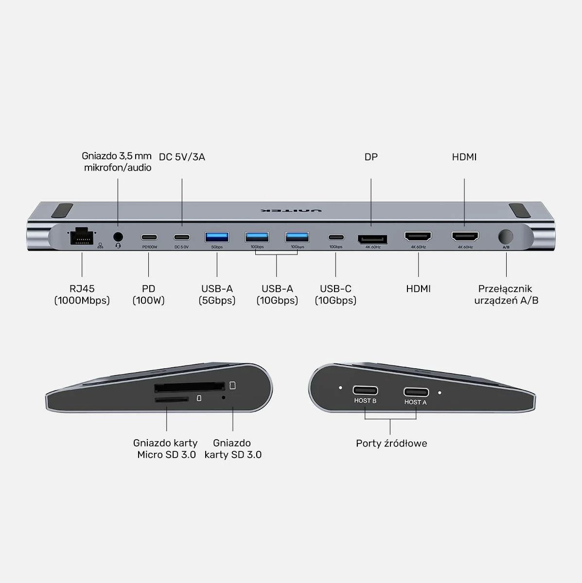 Switch KVM Unitek, 2x HDMI 4K, 1x DisplayPort, USB-C, PD 100W, hiri