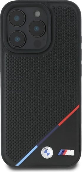 Mbështjellës BMW M Perforated Tricolor Line MagSafe për iPhone 16 Pro Max, i zi
