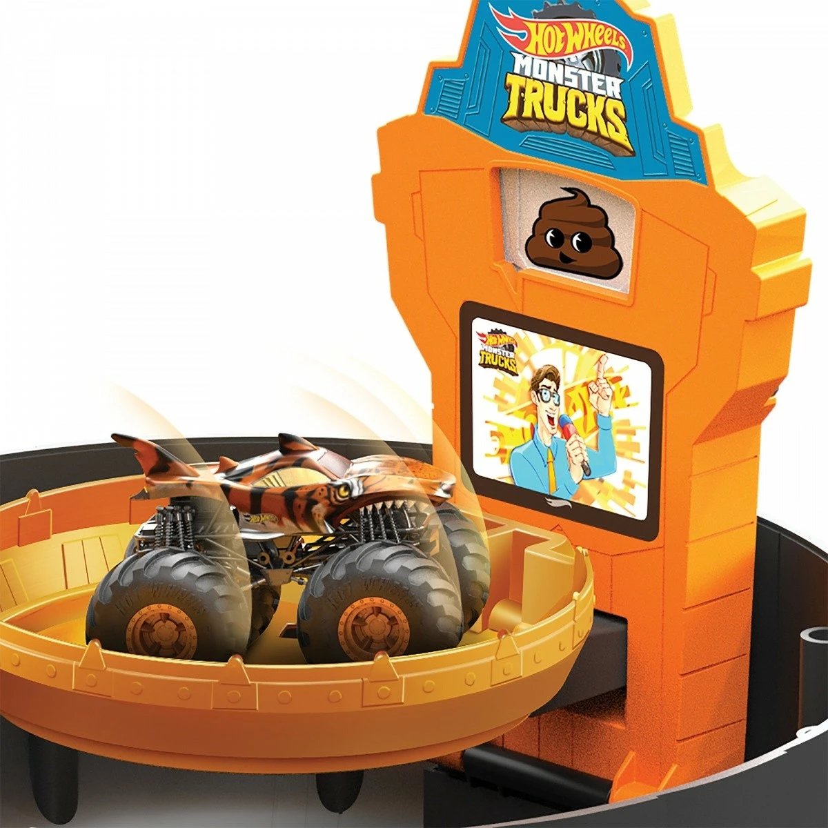 Set lodrash Hot Wheels Monster Trucks Stunt Arena Tire me makinë Tiger Shark dhe makinë Hot Wheels, zi/portokalli