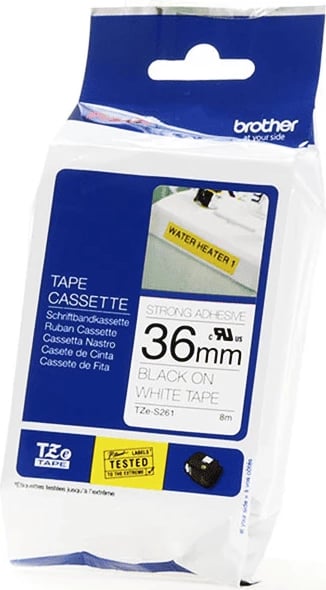 Kasetë etiketash Brother TZe-S261 36 mm 8 m ngjitje e fortë, e bardhë me të zezë