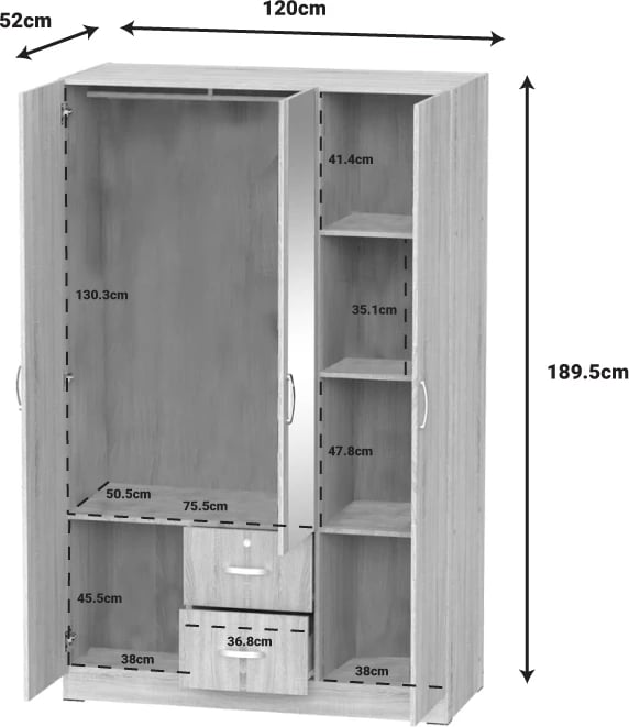 Dollap tre-fletësh i bardhë melamine, 120x52x190cm