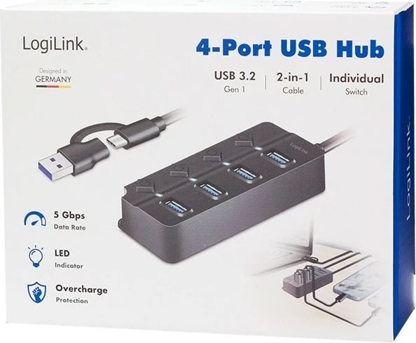 USB hub LogiLink UA0419, 4x USB-A, Gen1, me 4 ndezës individual, e zezë
