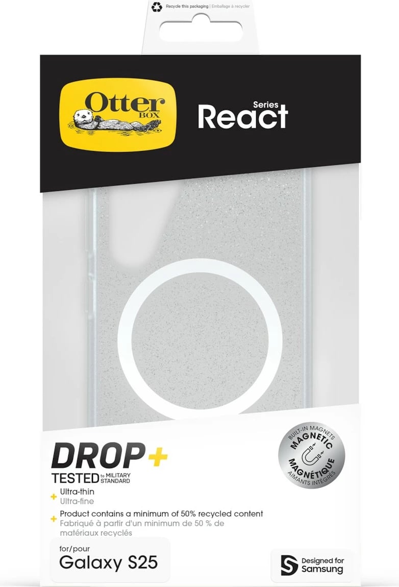Mbështjellës Samsung Otterbox React për Galaxy S25, Magnetik, i hollë, i zi, transparent