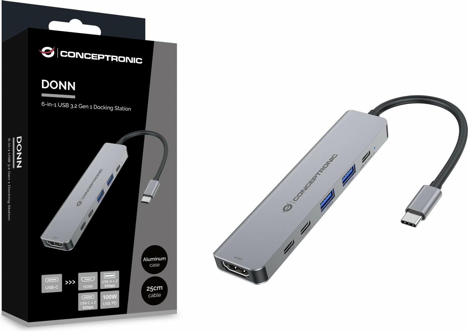 Docking station Conceptronic 6-1 USB-C në HDMI/2xUSB-A/2xUSB-C, 25cm, gri