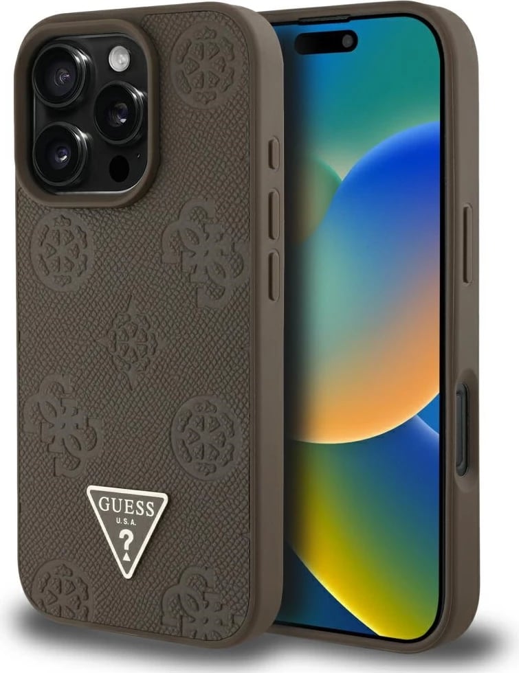 Mbështjellës Guess Grained Hot Stamp Peony Triangle Logo MagSafe për iPhone 16 Pro, Kafe