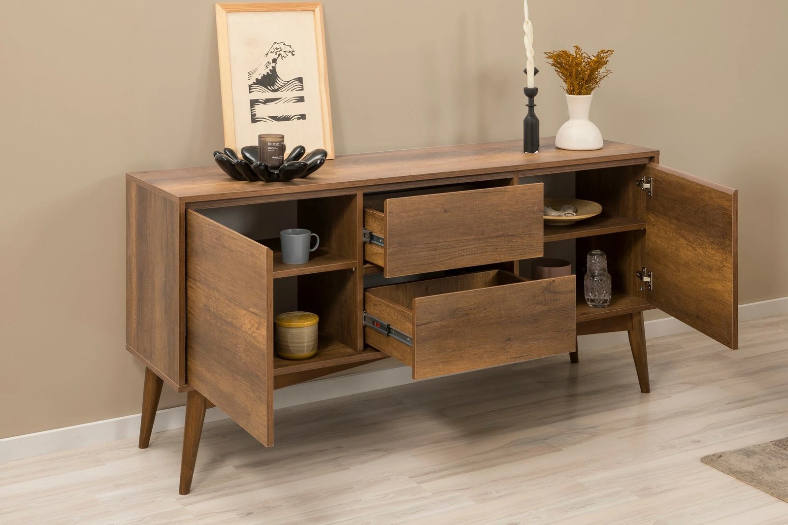 Set tavolinë me karrige dhe konsol, zgjatues, 6 pjesë, ngjyrë arrë dhe antracit, Vina 01 1053