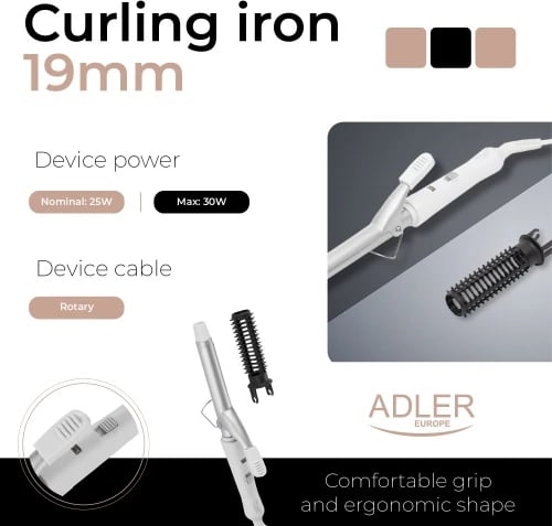 Figaro për flokë, Adler, AD 2105, 19mm, qeramikë, 25W, PTC ngrohje e shpejtë, me furçë, e bardhë/argjend