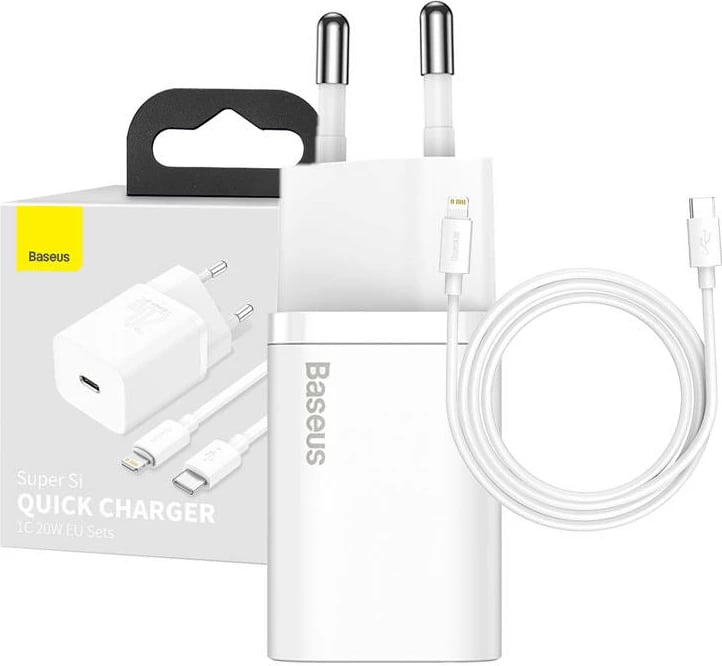 Karikues i shpejtë Baseus Super Si Quick Charger 1C, 20W, me kabllo USB-C në Lightning 1m, Bardhë
