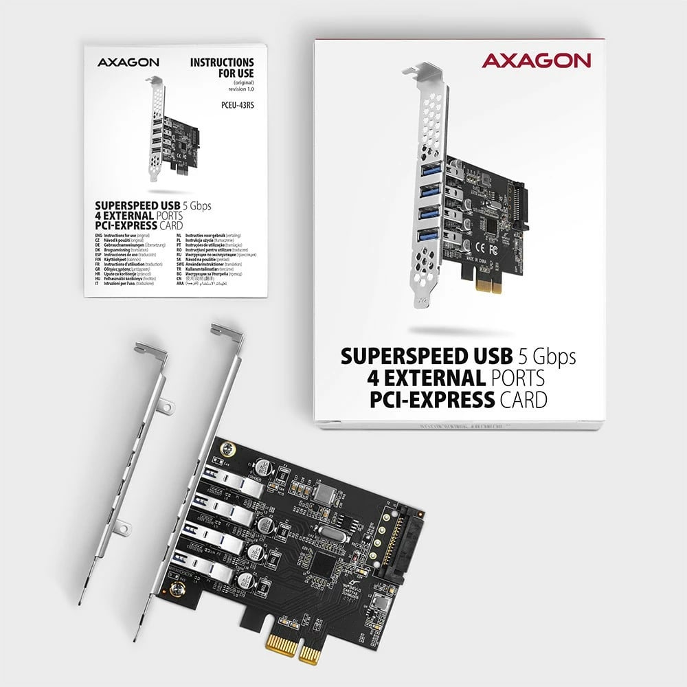 Kartë zgjerimi AXAGON PCEU-43RS, 4x USB 3.2 Gen 1, PCIe, Renesas, me furnizim SATA