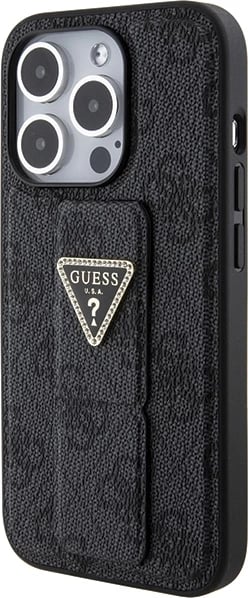 Mbështjellës Guess Grip Stand 4G Triangle Strass për iPhone 15 Pro Max, i zi