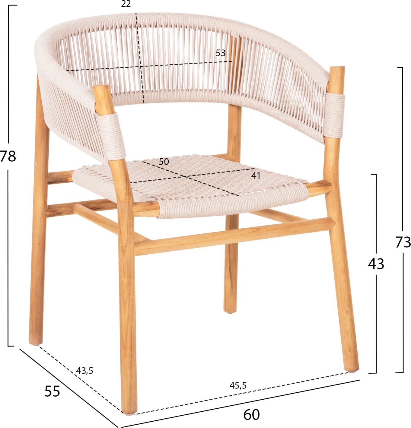 Karrige ngrënie me krahë IRVING FH9763 dru teak ngjyrë natyrale dhe litar bezhë 60x55x78H cm