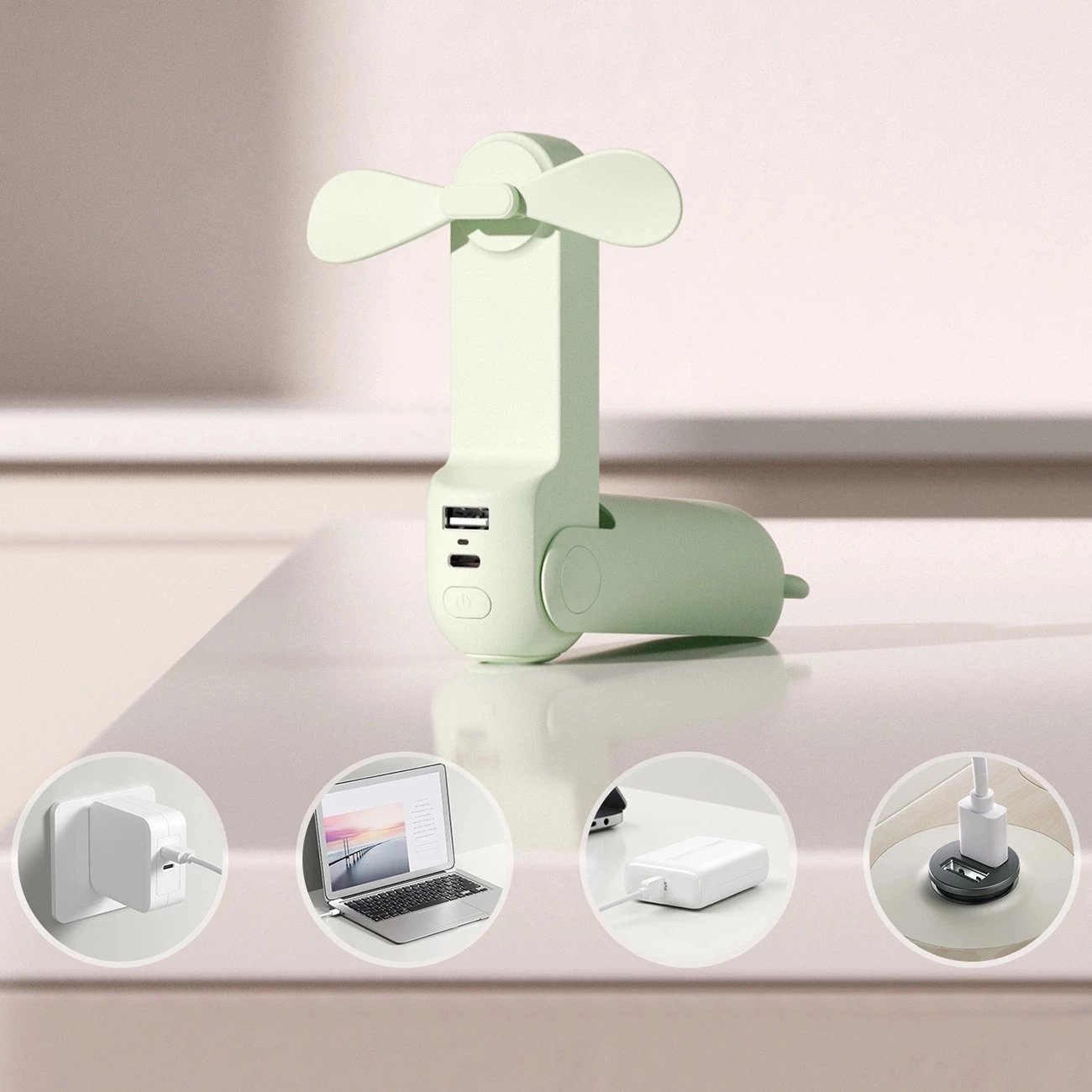 Ventilator dore Jisulife Life8 Plus, 4500 mAh, me power bank dhe dritë LED, Gjelbër