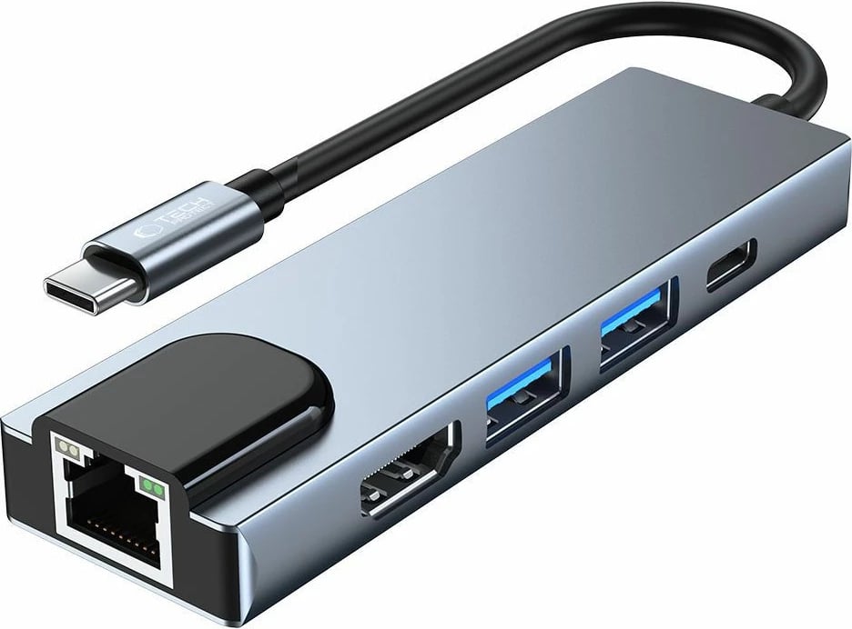 HUB Tech-Protect V3 5in1, USB-C, USB-A 3.0, USB-A 2.0, USB-C, HDMI, RJ45, Gri