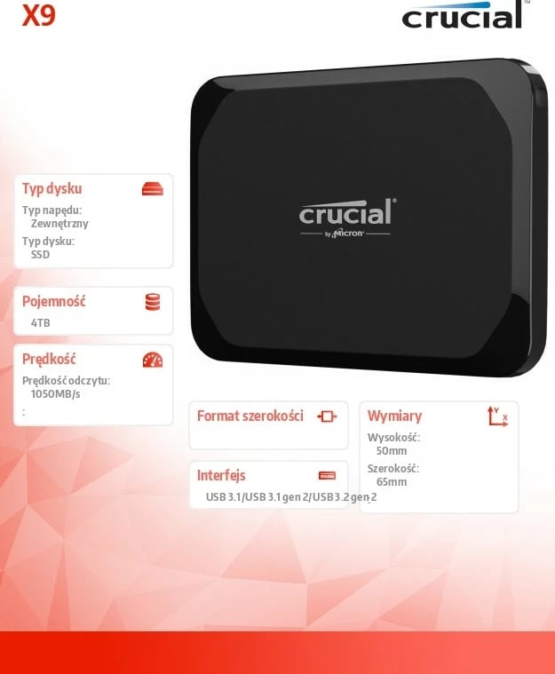 SSD i jashtëm Crucial X9, 4TB, USB-C 3.2 Gen2, i zi