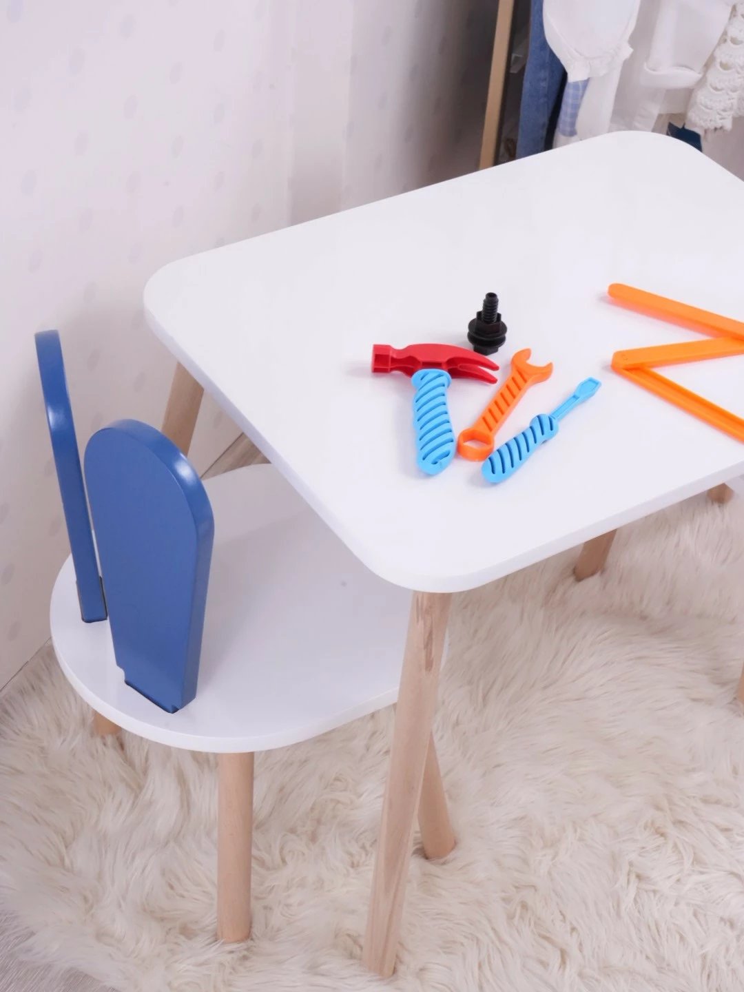 Set tavoline për fëmijë Hanah Home, një karrige Bunny, blu, bardhë