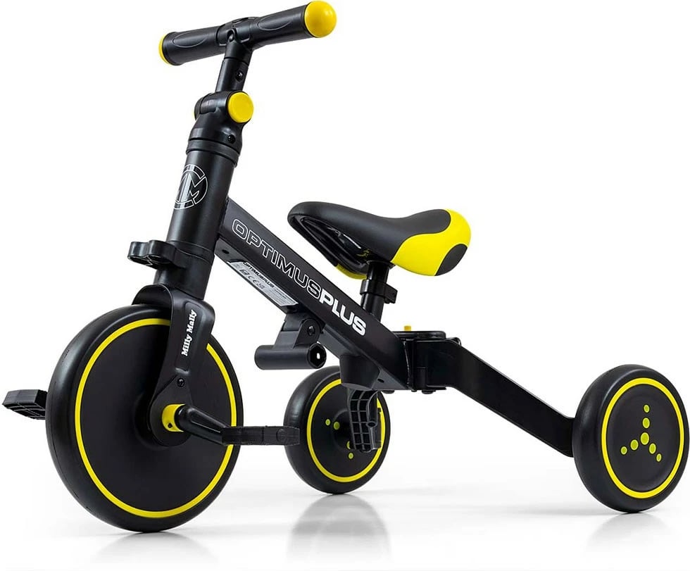 Tricikel 4n1 me shufër drejtimi, Milly Mally Optimus Plus, rrota EVA, kornizë çeliku, për 12m+, deri 25 kg, e zezë