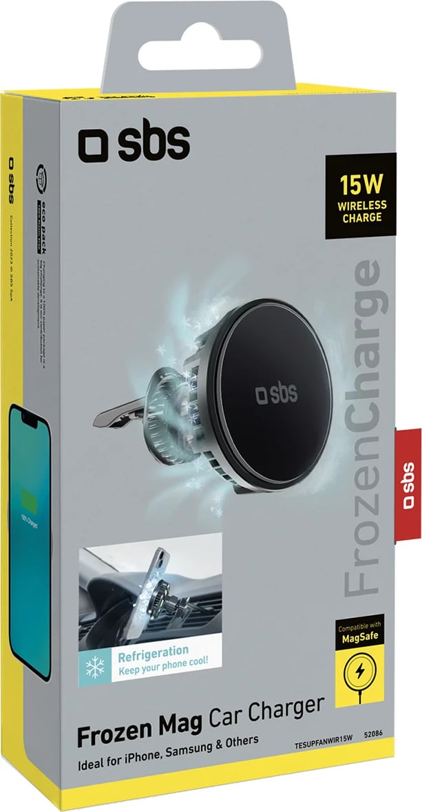 Mbajtës magnetik me karikues wireless SBS TESUPFANWIR15W, për grilë të ajrit, 15W, me ftohje, i zi