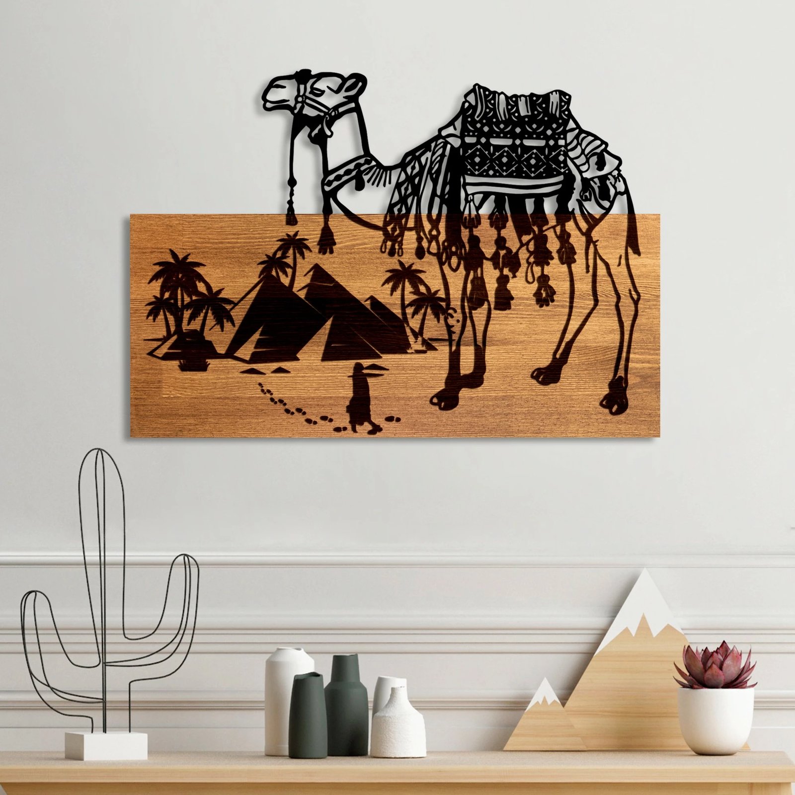 Aksesor dekorativ prej druri për mur, Wallity Yok Deve, ngjyrë arre dhe e zezë