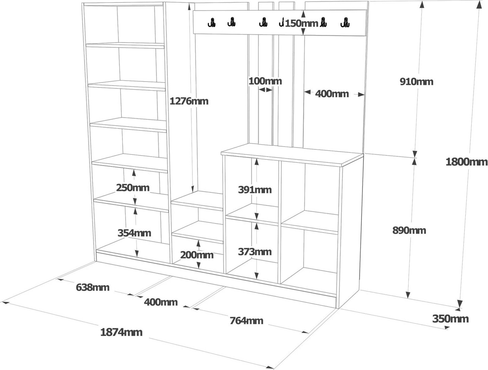 Stendë korridori Hanah Home, Dd9-Aw, ngjyrë pishë Atlantike dhe e bardhë, 187.2x180x37.5cm