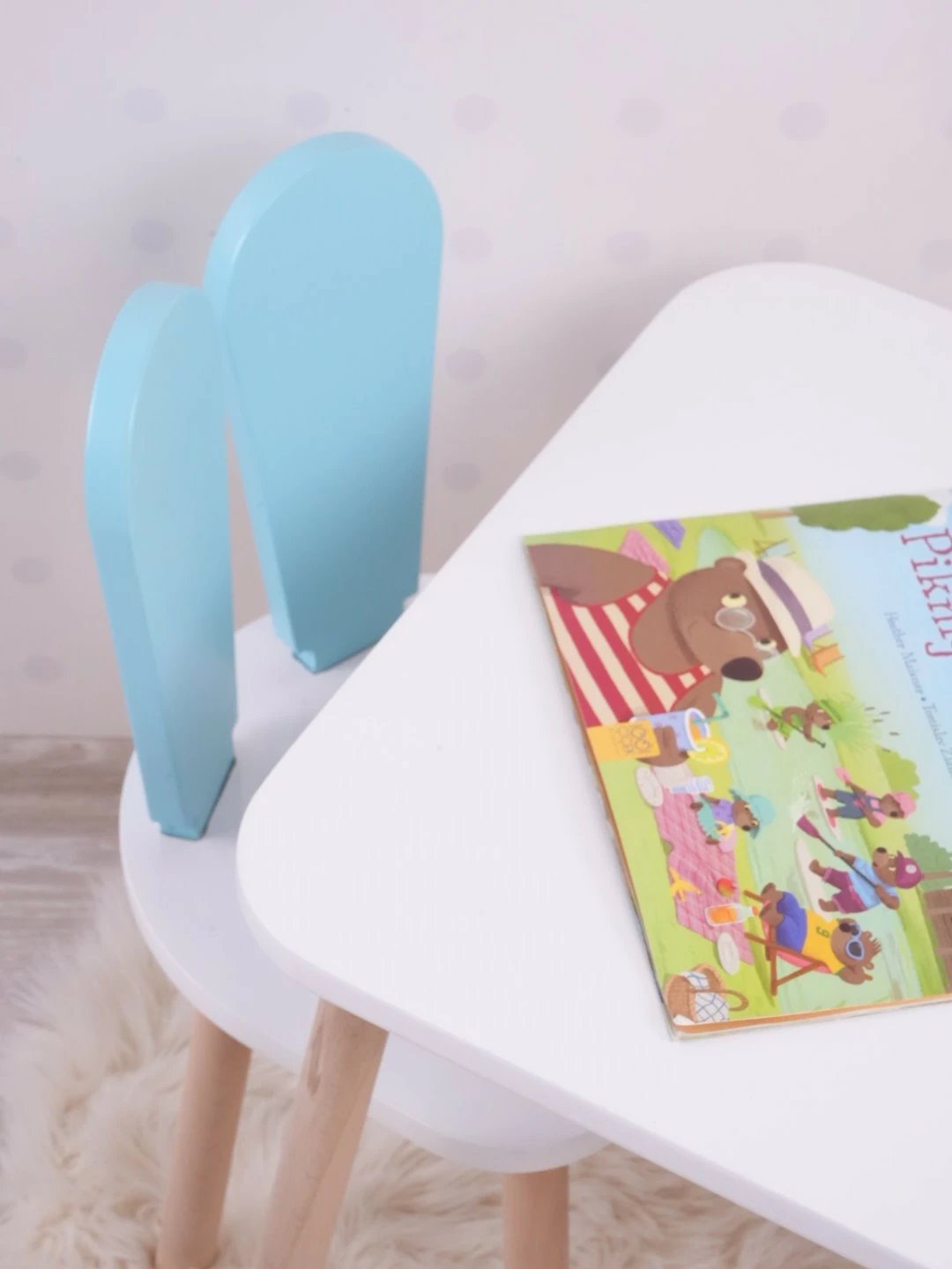 Set tavoline me karrige për fëmijë, Hanah Home, Bunny One, ngjyrë baby blue dhe e bardhë
