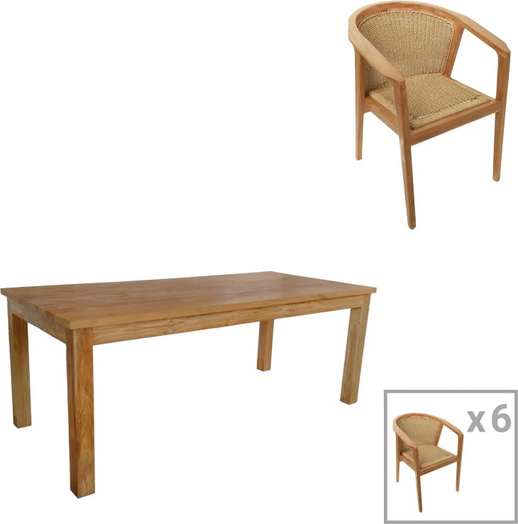 Set tavoline me karrige Granny-Wooly, 7 pjesë, ngjyrë natyrale-bezhë, 220x90x75cm