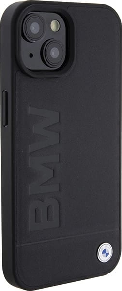 Mbështjellës BMW Leather Hot Stamp për iPhone 15 Plus, e zezë