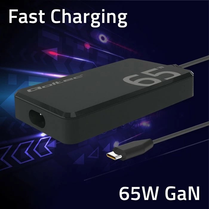 Karikues rrjeti Qoltec 65W GaN, USB-C 3.1, për laptop, MacBook, celular, i zi, me kabllo