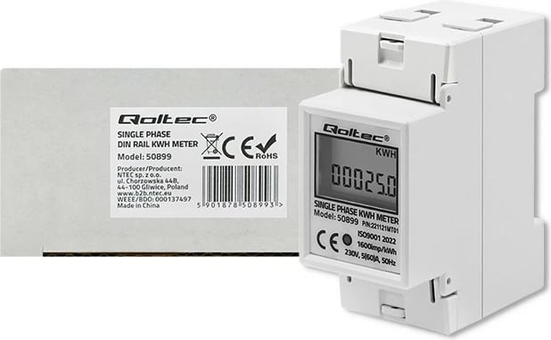 Matës energjie njëfazor Qoltec 50899, LCD, për montim në shinë DIN, Gri