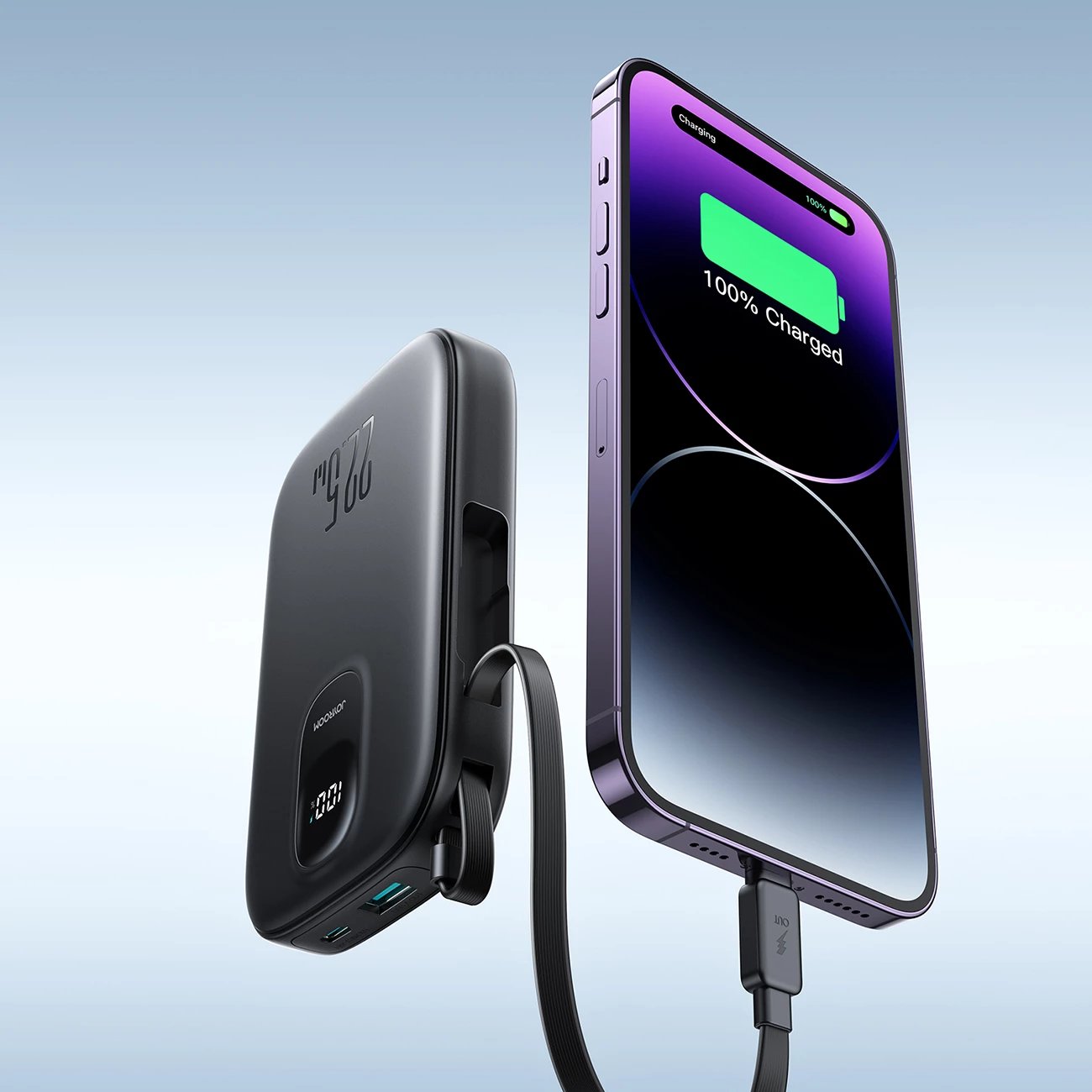 Powerbank Joyroom JR-PBF18, 10000mAh, 22.5W, me kabllo Lightning të integruar + kabllo USB-C 25cm, e zezë