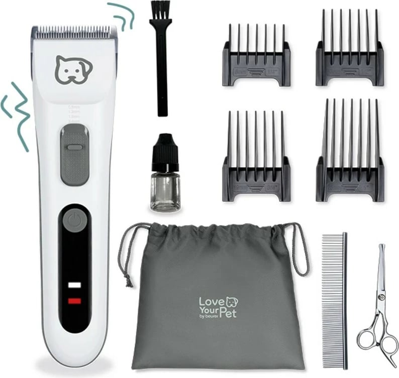 Makinë qethëse për kafshë Beurer PP110, rregullim 0.6–25 mm, teh çelik inox, bateri 4 orë, përdorim me kabllo/pa kabllo, set 9-copësh, bardhë/gri