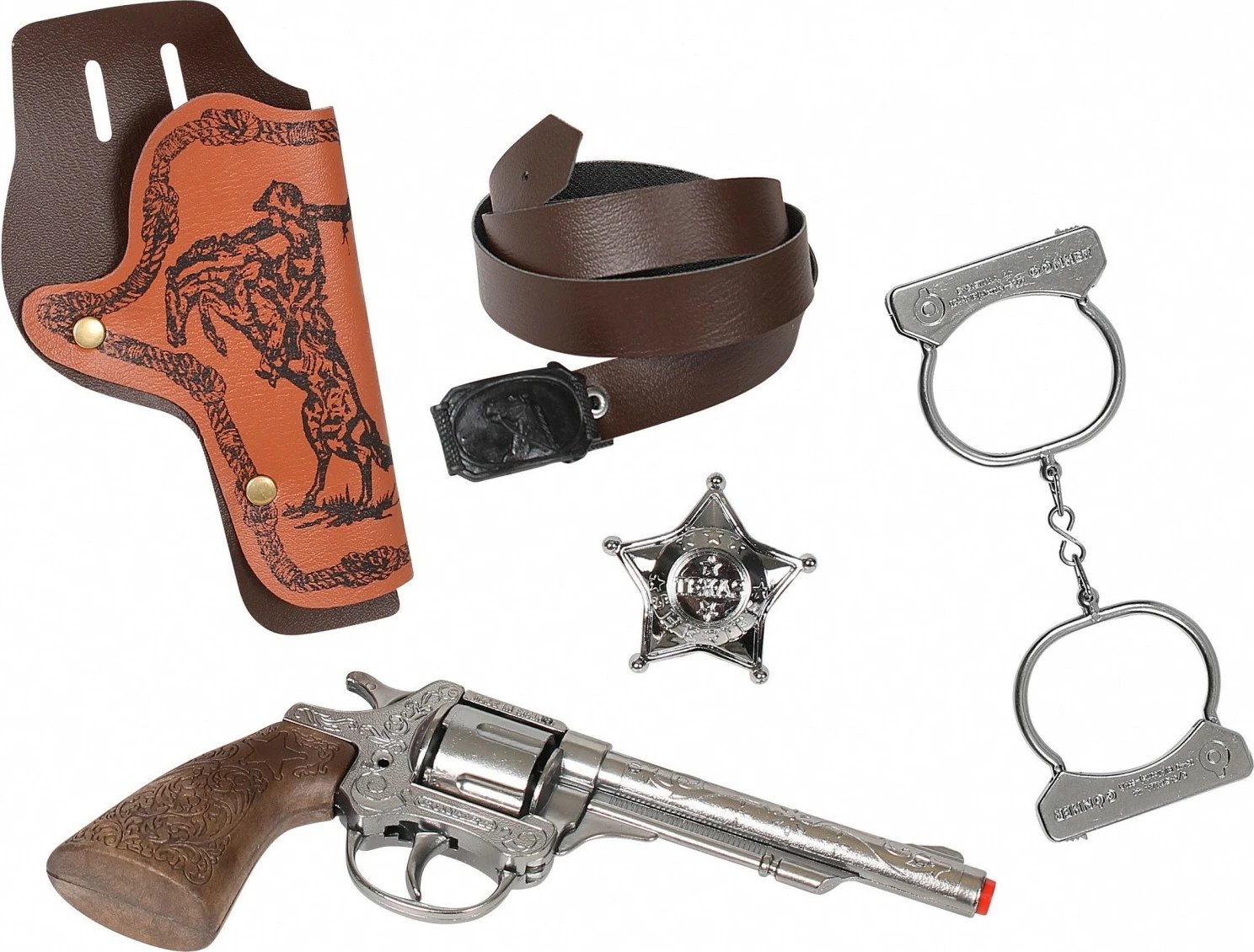 Set kauboj Gonher Pulio 155157/0 me revole metalike, distinktiv sherifi, pranga dhe kaburë, kafe/argjend