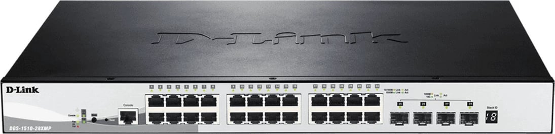 Switch D-Link DGS-1510-28XMP/E 28 porte Gigabit, menaxhim smart, uplink 10G SFP+, PoE+, e zezë