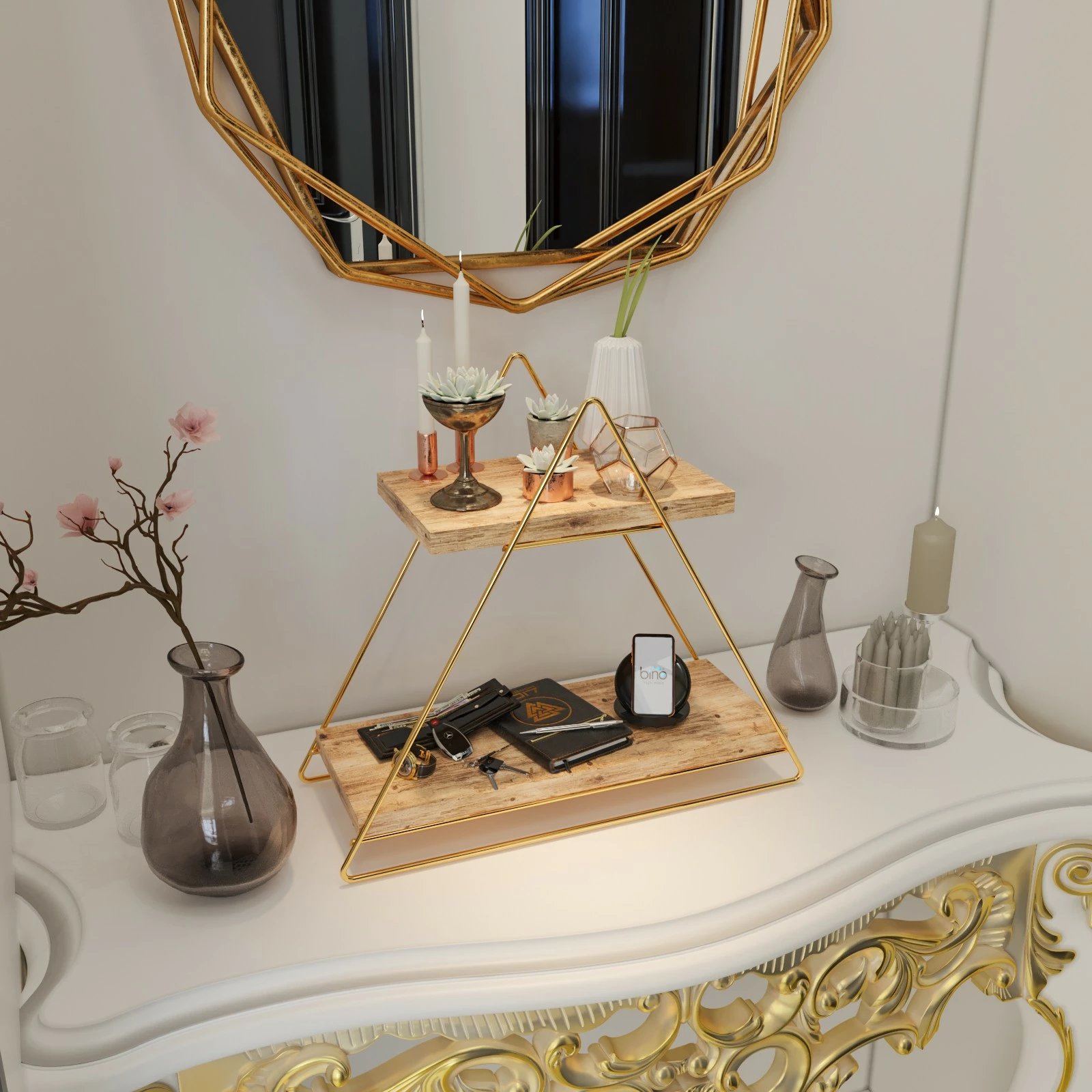 Raft muri prej druri të fortë, ngjyrë ari dhe kafe, Hanah Home, raf organizues shumë qëllimësh, 38x16x42cm