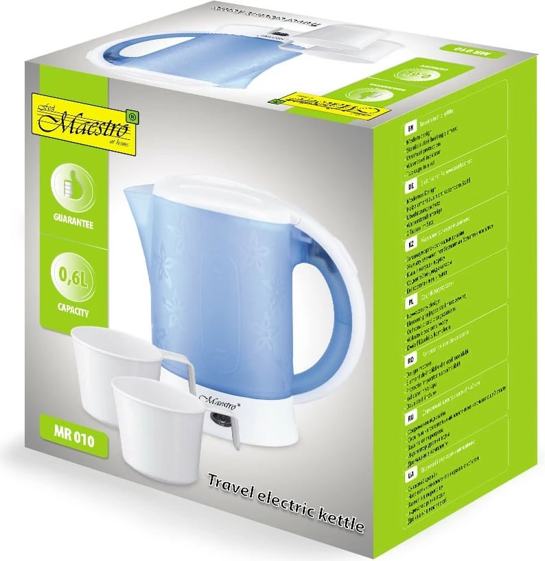 Çajnik udhëtimi Feel-Maestro MR-010, 0.6L, 600W, Blu/Bardhë, set me 2 gota