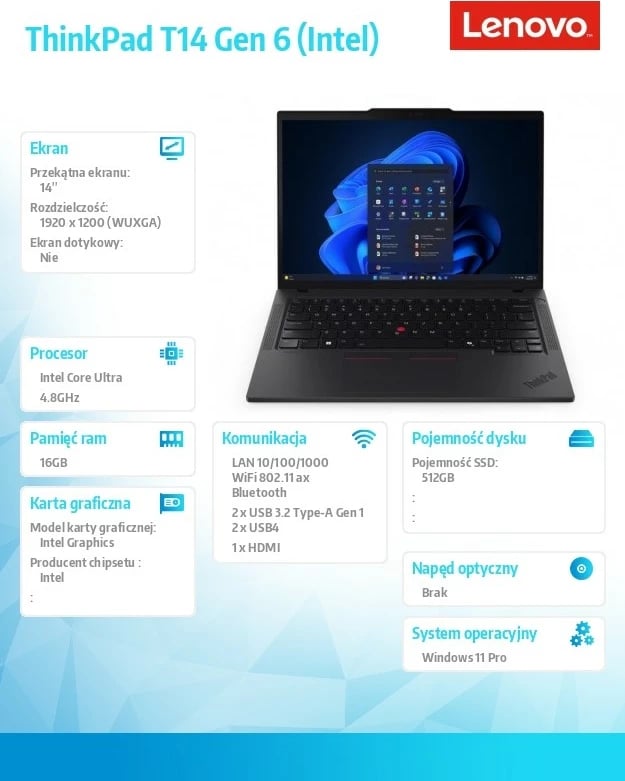 Ultrabook Lenovo ThinkPad T14 Gen 6, Intel Core Ultra 5 225U, 16GB RAM, 512GB SSD, 14" WUXGA, Windows 11 Pro, e zezë
