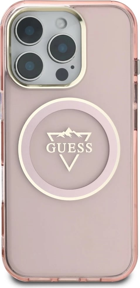 Mbështjellës Guess IML Metal Mountain Logo MagSafe për iPhone 16 Pro Max, Rozë