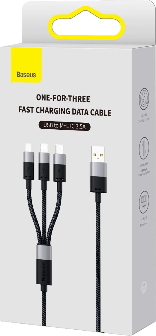 Kabllo 3-në-1 Baseus StarSpeed CAXS000001, 1.2m, USB-A në USB-C/Micro USB/Lightning, e zezë