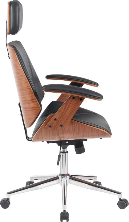 Karrige regjisori për zyre Fetseno, lëkurë PU e zezë, bazë kromi, 53x56x113.5-123.5cm