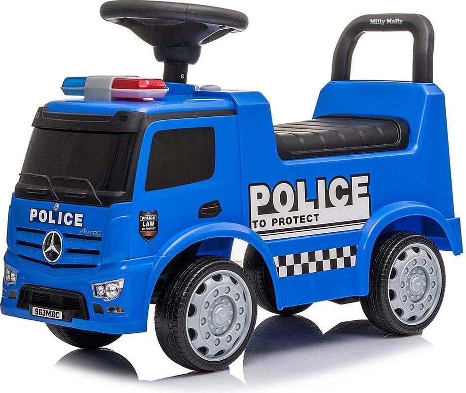 ride-on kamion policie për fëmijë, Milly Mally Mercedes Antos, drita e tinguj, 12–36 muaj, blu