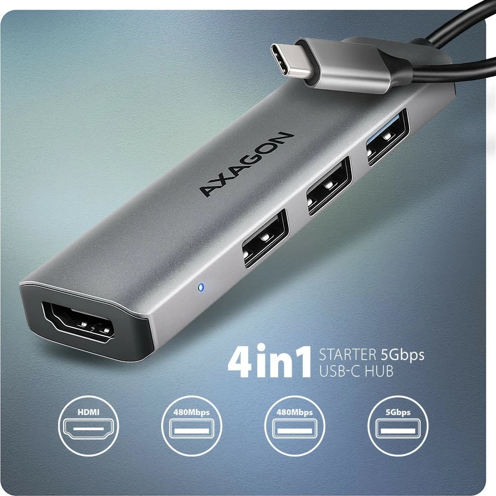 Multiport USB hub AXAGON HMC-H3A 4in1, 5Gbps, 3x USB-A + HDMI 4K, metal, USB-C, Gri