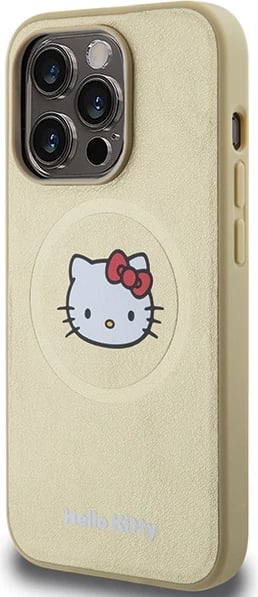 Mbështjellës Hello Kitty Leather Kitty Head MagSafe për iPhone 15 Pro, lëkurë artificiale, ari