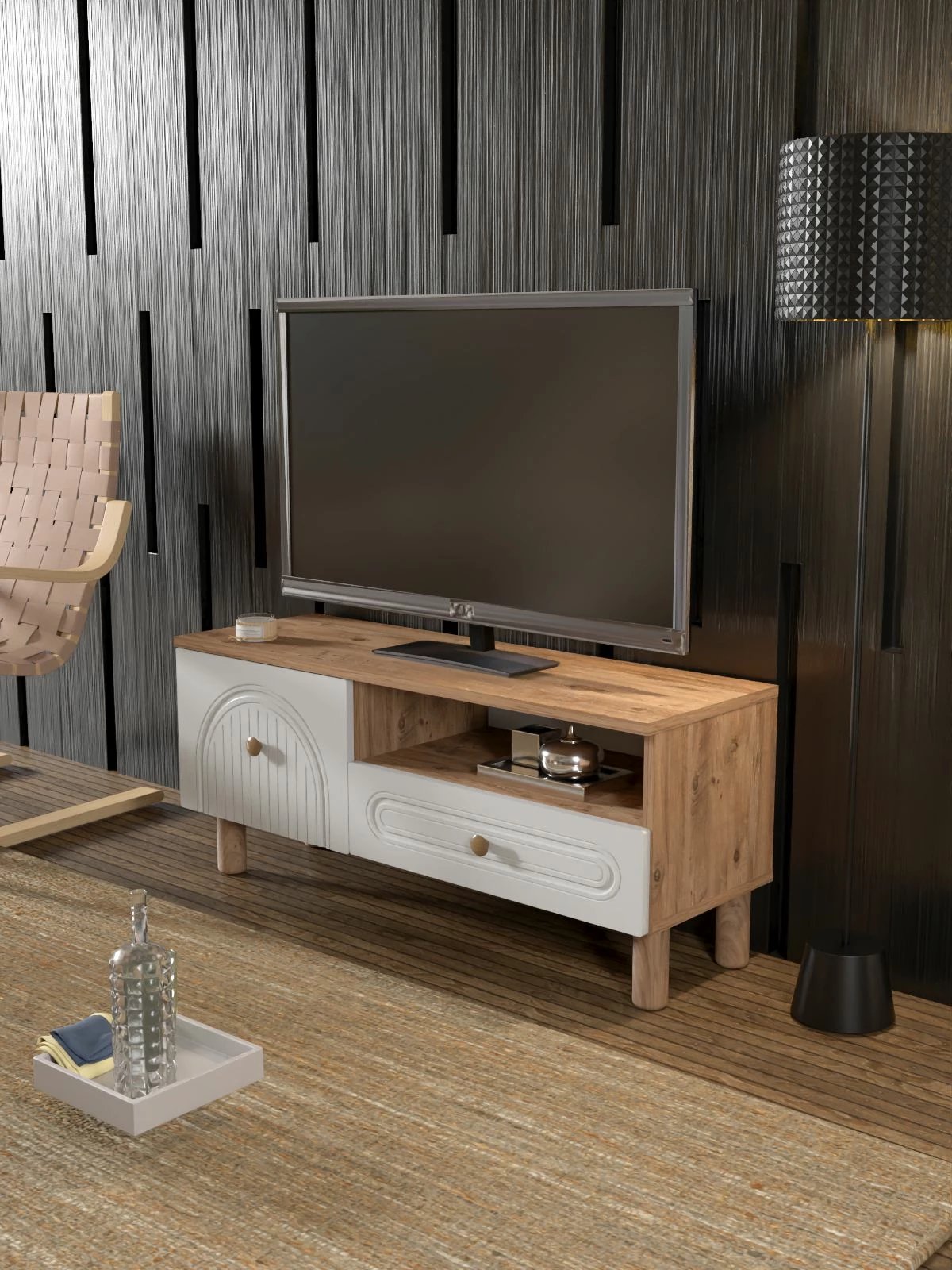 Komodë TV Skye Decor, Bellora 105, ngjyrë pishë Atlantike dhe e bardhë